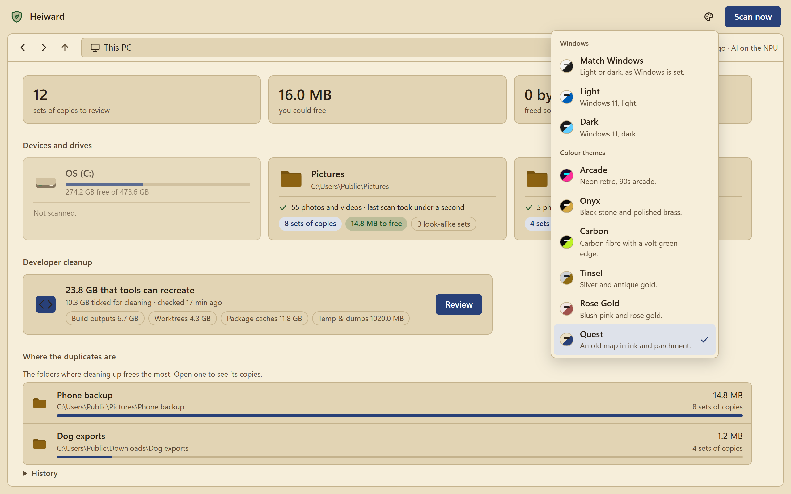 Heiward's review page in the Quest theme, with the theme picker open.